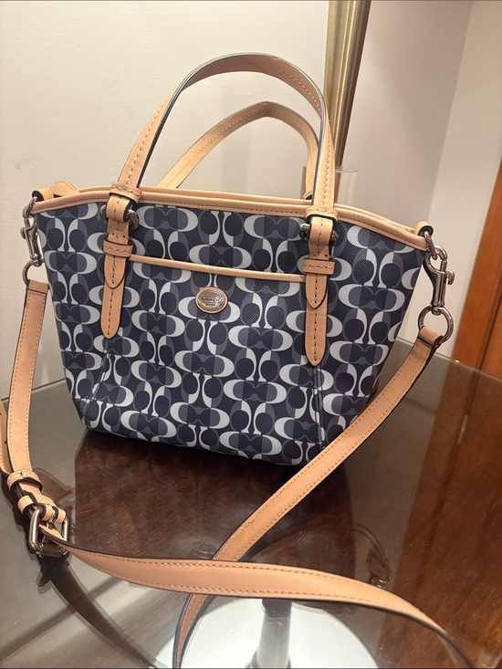 Coach Handbags - Coach Navy and Black Signature Small Tote with Tan Leather Trim